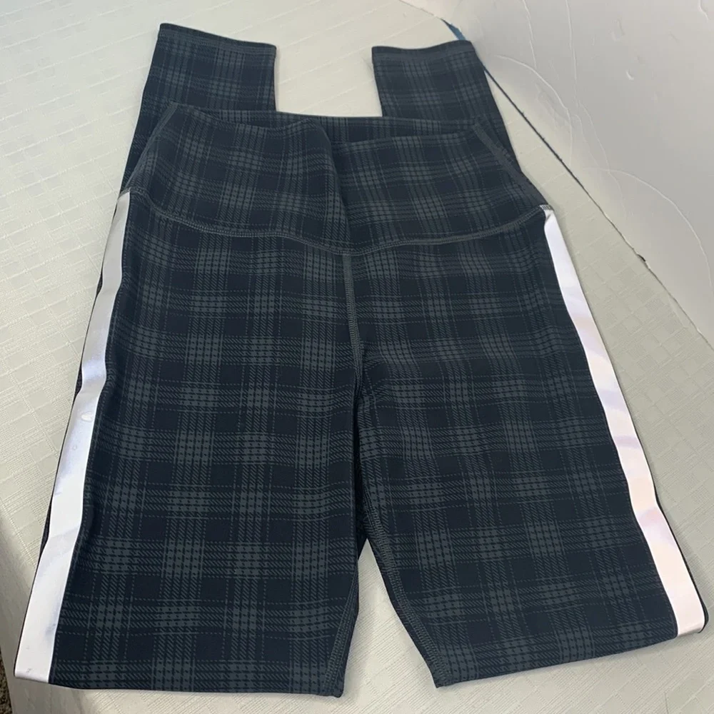 ALO Yoga Plaid High Waist Occasion Leggings,Black with White Reflective Stripe